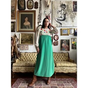 70s Embroidered Beige and Green Maxi Dress Size Small by Raymodes NY